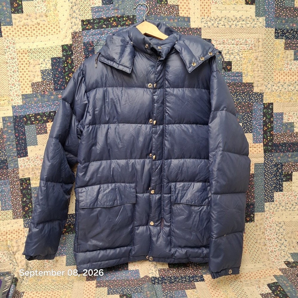 True Vintage 70s Spiegel Mens Medium Down Puffer Jacket Coat Hooded Blue